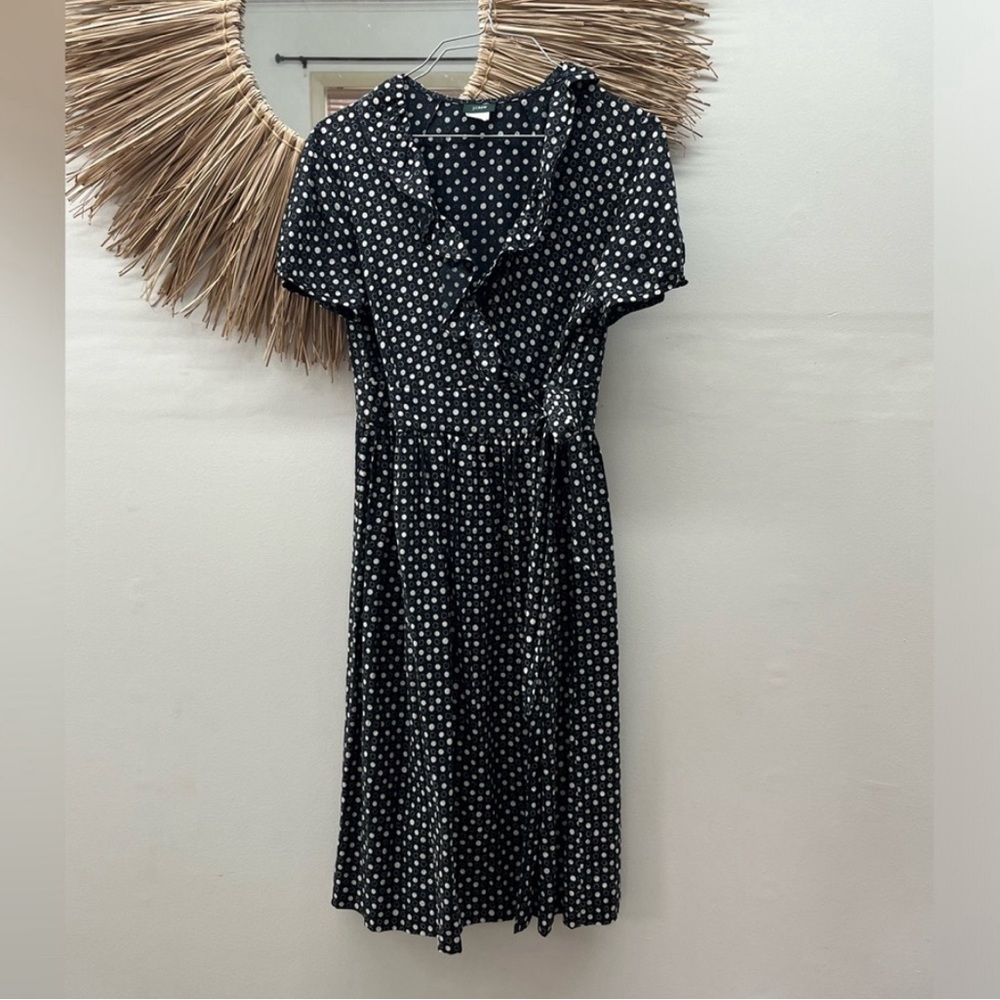 J.Crew cream Polka dot black midi silk wrap front dress